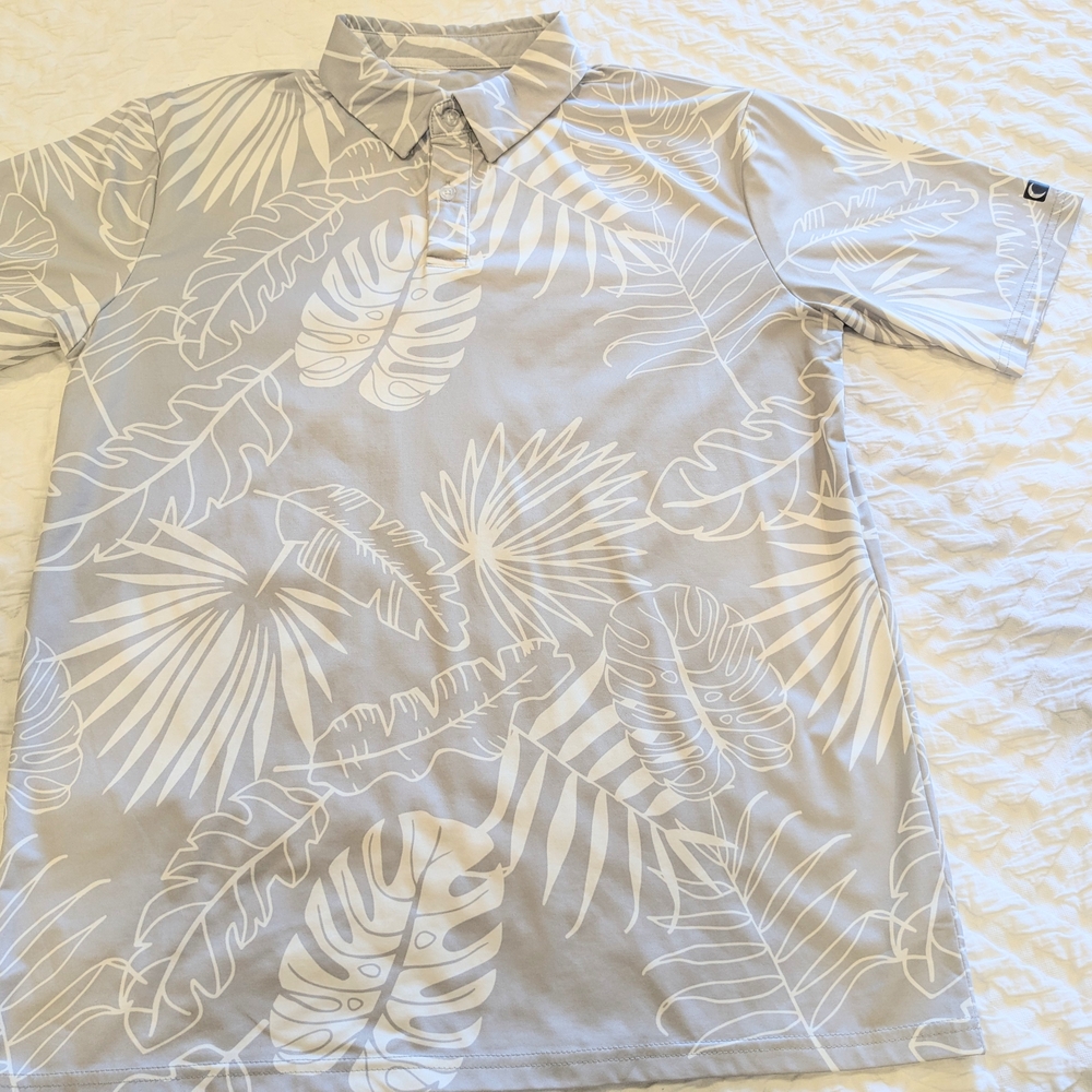 ZYIA Light Gray and White Tropical Print Polo